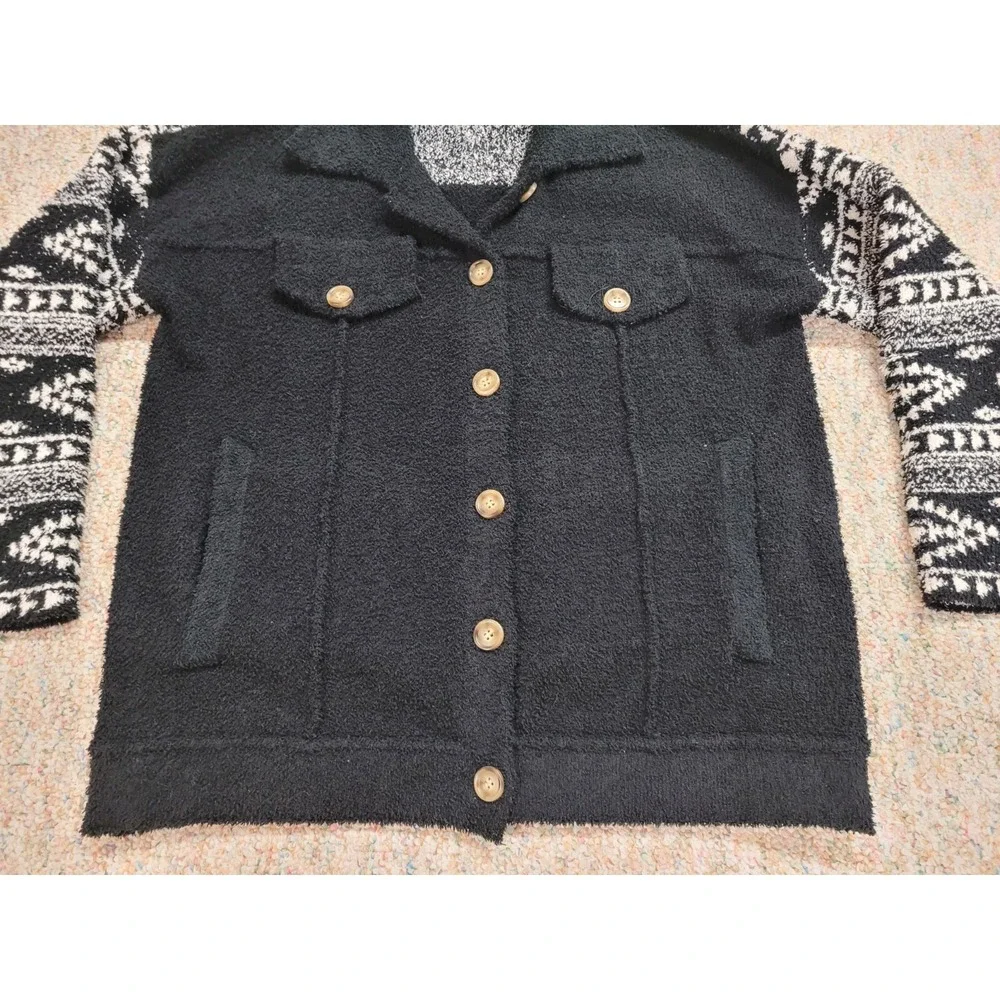 Miss Me Jacket Womens Small Black White Wubby Print Button‎ Down Soft Fuzzy